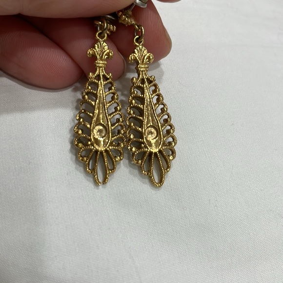 Earrings ~Gold tone with white blue crystals - Picture 5 of 5